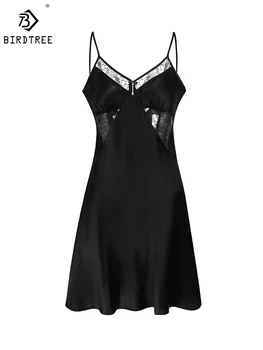  Birdtree 16 мм 100% настоящая шелковая сексуальная ночная рубашка женская кружевная пижама с открытой спиной Домашняя одежда Ночное платье Слинг 2024 Весна Новый P3D9110QM