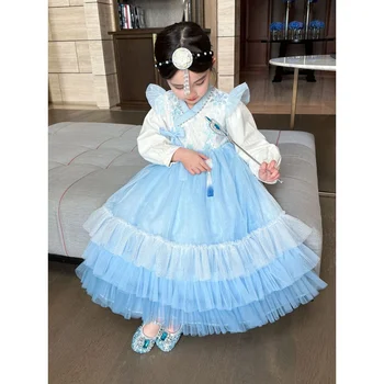 Китайский стиль для девочек Осень и зима Ханьфу Яньцзи Принцесса Платье Детское светящееся пышное платье