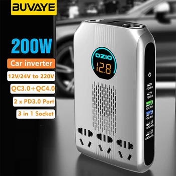 BUVAYE Автомобильный инвертор 12 В / 24 В в 220 В Преобразователь 200 Вт Модифицированная мощность Синусоида Инвертор USB Расширенный дисплей напряжения быстрой зарядки