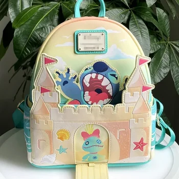 Disney Original Loungefly Stitch Мини-рюкзаки Sandcastle Beach Surprise Kawaii Backpack Pu Leather Женские школьные сумки Подарок