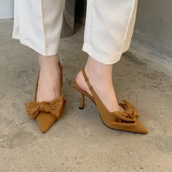 Женские сандалии с ремешком на спине Высококачественная обувь для женщин Элегантное платье Туфли-лодочки Мода Бант Заостренный носок Скольжение на женской обуви