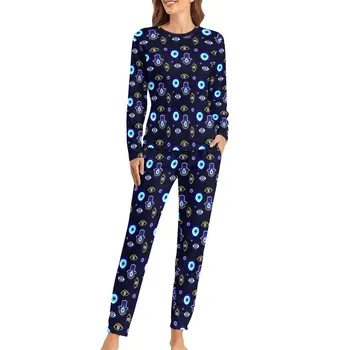 Пижама с принтом сглаза Hamsa Hand Романтические пижамные комплекты Женские длинные рукава Комнатные пижамы Большой размер 5XL 6XL