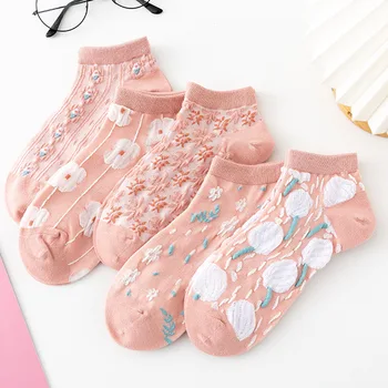 5 пар / лот весна-лето япония корея жаккардовый элегантный прекрасный розовый цветочный платье для девочек короткие носки кавайные женщины лодыжки милые сокс