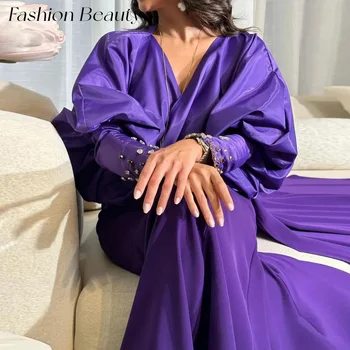 Мода Красота Фиолетовые атласные вечерние платья V-образным вырезом 2 шт. Бисероплетение Официальное платье для женщин 2024 vestidos de gala Саудовская Аравия