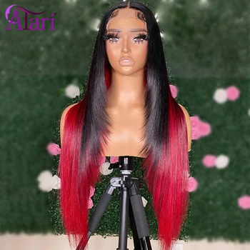 Прозрачный парик с кружевной застежкой 5x5 Черные корни с красными прямыми 13x4 13x6 кружевной фронтальный парик для женщин предварительно выщипанные парики из натуральных волос