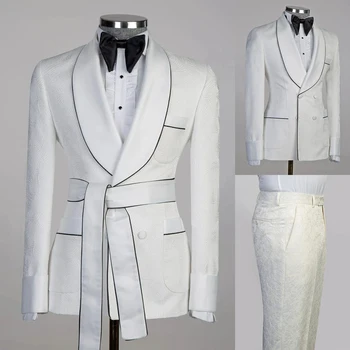 жаккардовые мужские костюмы на заказ 2 шт. блейзер брюки с поясом прозрачный атласный лацкан современный бизнес свадьба плюс размер на заказ