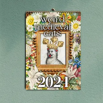 Бумага 2024 Средневековые кошки Календарь Планирование времени Настенный декор Забавный настенный календарь Новогодние подарки Календарь странных кошек