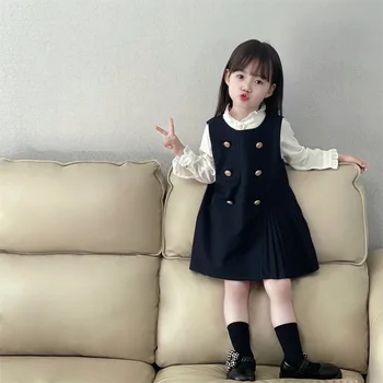 2023 Осень Новая детская одежда Платье в стиле для девочек Корейская маленькая школа Детская рубашка Юбка из двух частей Комплект из двух частей Детская одежда для девочек