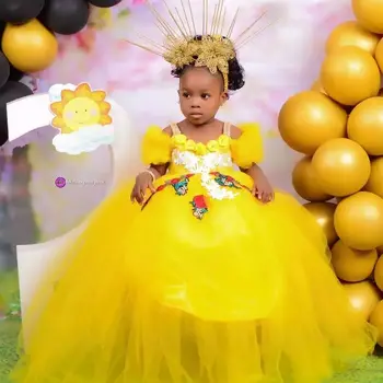 Желтый Африканский Цветочник Девушка Платья Бальное Платье Тюль Принцесса Девочки Первый День Рождения Платье Для Свадебной Вечеринки