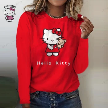 Весна Новая женская футболка Футболка Мультфильм Hello Kitty Print Повседневная праздничная выходная с длинным рукавом Мультфильм Футболка с круглым вырезом Горячая распродажа