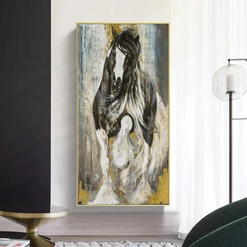 Белая лошадь Картина маслом на холсте Принты Животные Картины Настенное Искусство Для Гостиной Современный Домашний Декор Золотой Cuadros Без Рамки