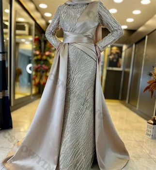 Атласные аппликации Бисер Мусульманские вечерние платья с длинным рукавом Исламское вечернее платье Выпускное платье Арабский Дубай Халат De Soiree