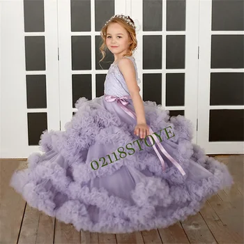 Элегантные фиолетовые пышные платья для девочек без рукавов на свадьбу 2023 принцесса кружевное бальное платье детские театрализованные платья для первого причастия
