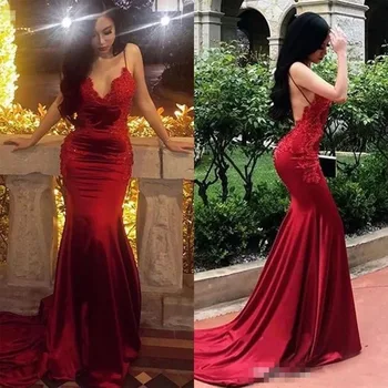 темно-красные выпускные платья русалки для черных девушек спагетти аппликации с открытой спиной бусины длинные платье для торжественных случаев вечерние платья для вечерних вечеринок