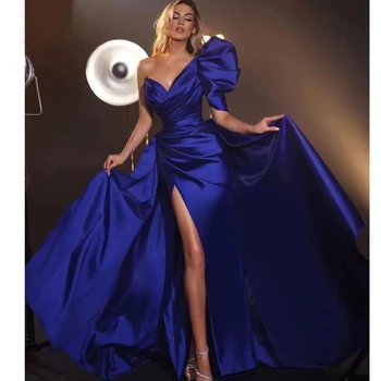 2023Королевское синее вечернее платье с V-образным вырезом на одно плечо Официальное платье для вечеринок Русалка с пышным рукавом А-силуэт Женское элегантное выпускное платье