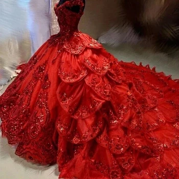 Темно-красные роскошные платья принцессы Quinceanera 2023 Gillter Блестящие пайетки Аппликация Корсет на шнуровке Выпускной вечер Мероприятие Vestido 15