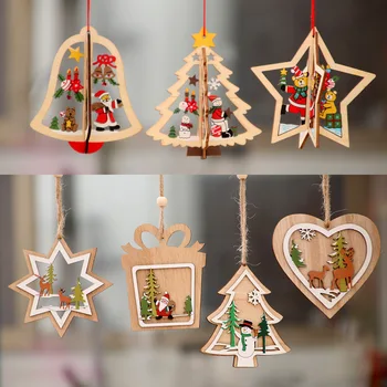 Рождественские украшения, деревянные выдолбленные маленькие кулоны для рождественской елки, деревянные подвески-колокольчики-пентаграммы, подарки с Новым годом