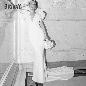 Элегантные свадебные платья Meramid Женщины с V-образным вырезом Иллюзия сзади Атласный пол Длина до пуговицы Свадебное платье Sweep Train Vestidos De Noiva