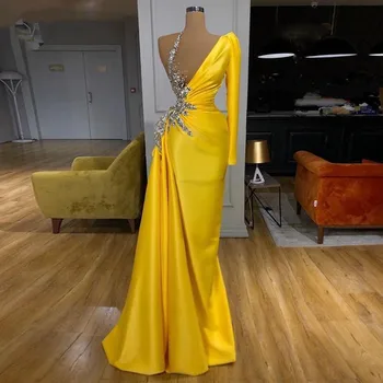  ярко-желтый иллюзия бисероплетение вечернее платье на одно плечо выпускные платья с длинными рукавами шикарные платья для вечеринок знаменитостей на заказ