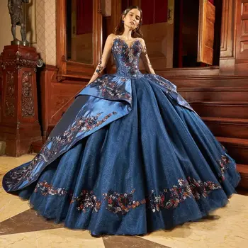 Синий Принцесса Quinceanera Платья Бальное платье Длинные рукава Аппликации Блеск Сладкий 16 Платья 15 Años Мексиканский