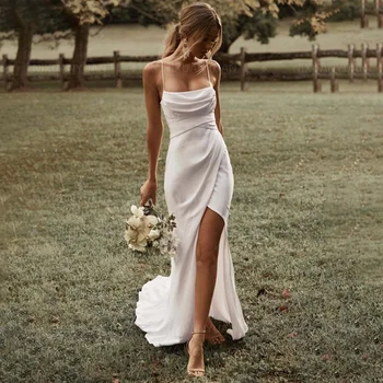 Простое русалка Белое свадебное платье Спагетти на бретелях Высокий разрез 2023 Атласное Спинка Однотонное свадебное платье Sweep Train Vestido De Novia