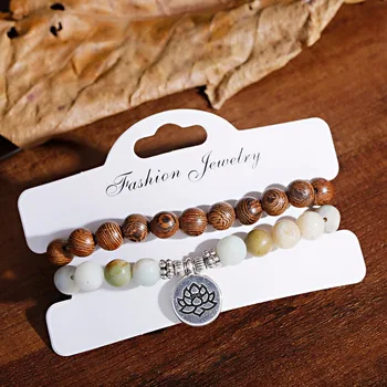 Винтажный набор женских браслетов для медитации Шарм Дерево Камень Бусины Лотосовые подвески Браслеты Pour Les Femmes