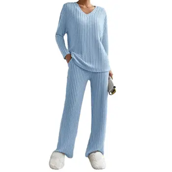 Трикотажный пижамный комплект в рубчик Уютный вязаный свитер Брюки с V-образным вырезом Карманы для осенне-зимней домашней одежды V-образным вырезом Пижамный комплект
