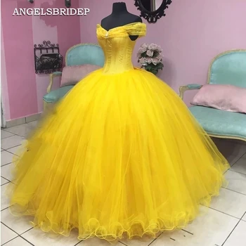 ANGELSBRIDEP Желтые платья Quinceanera Vestidos de 15 Anos Сексуальный тюль с открытыми плечами Sweet 16 День рождения принцессы Бальные платья