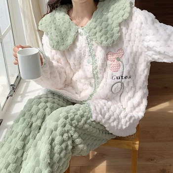 Зимняя утолщенная пижама для женщин Свободный сладкий кукольный воротник Пижамы Mujer Корейские женские пижамные комплекты Мягкий теплый кардиган