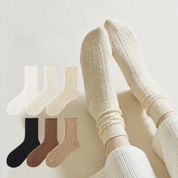 Зимние теплые однотонные женские носки Японские хлопчатобумажные носки Harajuku до середины икры Мягкие удобные двусторонние трикотажные студенческие носки