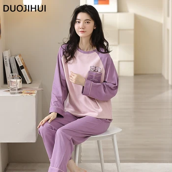 DUOJIHUI Простая повседневная домашняя пижама для женщин Новая классическая шикарная карманная базовая свободная мода заклинание цвет осень женская пижама
