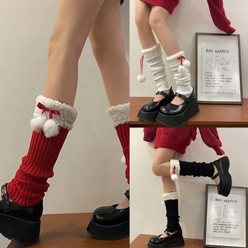  Вязаные гетры для ног Женщины Y2K Рождественская пушистая отделка Плюшевый мяч с бантом Чехол для ног Носки