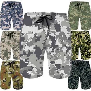 Камуфляжные военные шорты для мужчин 3D-печатные пляжные шорты Мода Крутые спортивные штаны Мозаика Камуфляж Гавайские плавки