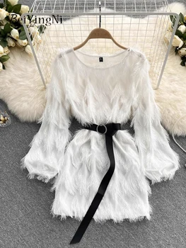 Beiyingni Французские элегантные платья для женщин с кисточками на поясе Корейский шик Белый мини O Neck Сексуальное платье Ladies Club Black Vestidos