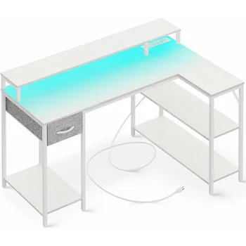 L Игровой стол в форме со светодиодной подсветкой, розетки, реверсивные компьютерные столы, полки с выдвижным ящиком, угловой домашний офис, белый