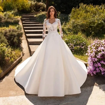 Lorencia Элегантное атласное свадебное платье с длинным рукавом 2024 Кружевная аппликация A Line Свадебное платье Сексуальное платье невесты Vestido De Noiva YAW105