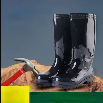  Стальная головка Противоударная резиновая обувь с высоким барабаном Мужская стальная пластина Защитные резиновые сапоги Черные высокие водные туфли Резиновая обувь