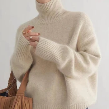 Женский ленивый стиль с высоким воротником вязаный свитер осень / зима однотонный пуловер наряд корейский стиль женский темперамент свитер