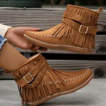 Обувь для женщин 2023 Женские сапоги на молнии Зимние Круглый носок Сплошная пряжка из флока Украшение Римские сапоги на низком каблуке большого размера