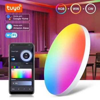 Tuya Smart LED Потолочный светильник 40 Вт RGB + WW + CW Лампа с регулируемой яркостью AC 220V Голосовое управление Круглые потолочные светильники Работает с Alexa Google Home