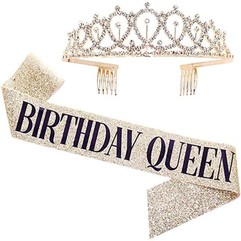 1 комплект Блестящий День Рождения Королева Пояс Bling Тиара Корона Головной убор День Рождения Набор Украшений На День Рождения 16-й 21-й Элегантная Корона Принцессы