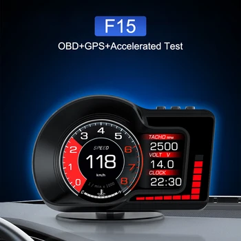 F15 HUD спидометр автомобиля Проекционный дисплей 6 функций сигнализации Ускоренный тест Датчик оборотов 8 цветов OBD GPS Двойная система