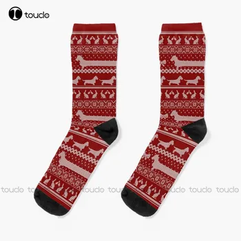 Уродливый рождественский свитер Dog Edition - Грубошерстная такса Красные носки Лодыжки для женщин Персонализированный рождественский подарок на заказ