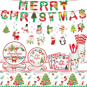 Рождественская вечеринка Одноразовая посуда Бумажные тарелки Бумажные стаканчики Бумажные полотенца Скатерть Набор рождественских украшений