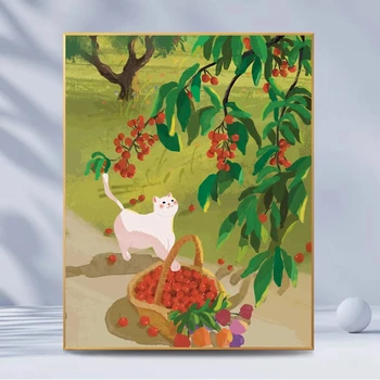  Ручной наполненный цвет весна день девушка кошка маслом картина тюльпан вишня лечение простая висячая цифровая картина маслом